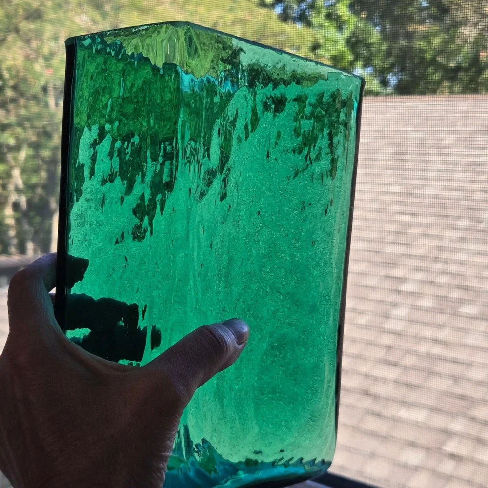 Vintage Early Blenko 3732 Pillow Vase Sea Green Textured Rectangular Art Glass